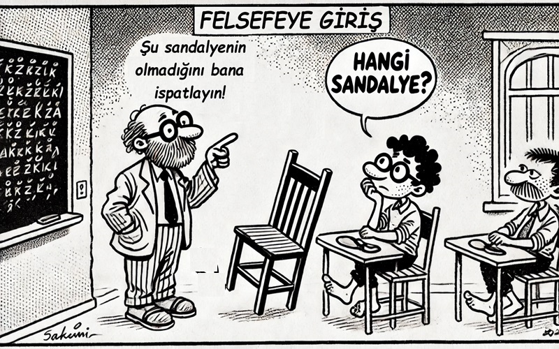 Felsefe sınıfında hoca ve öğrencileri gösteren Hangi sandalye karikatürü